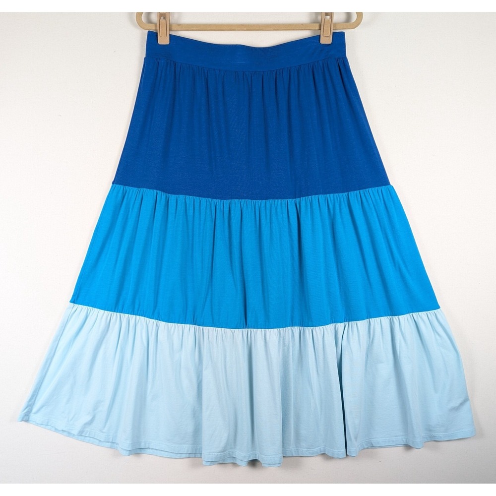Lands' End Skirt Women M Sz 10-12 Tiered Midi Pull On Blue A-Line Gathered Full